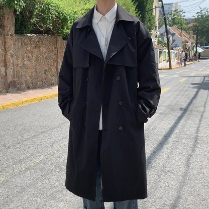 Men’s Long Double-Breasted Trench Coat – Business & Casual