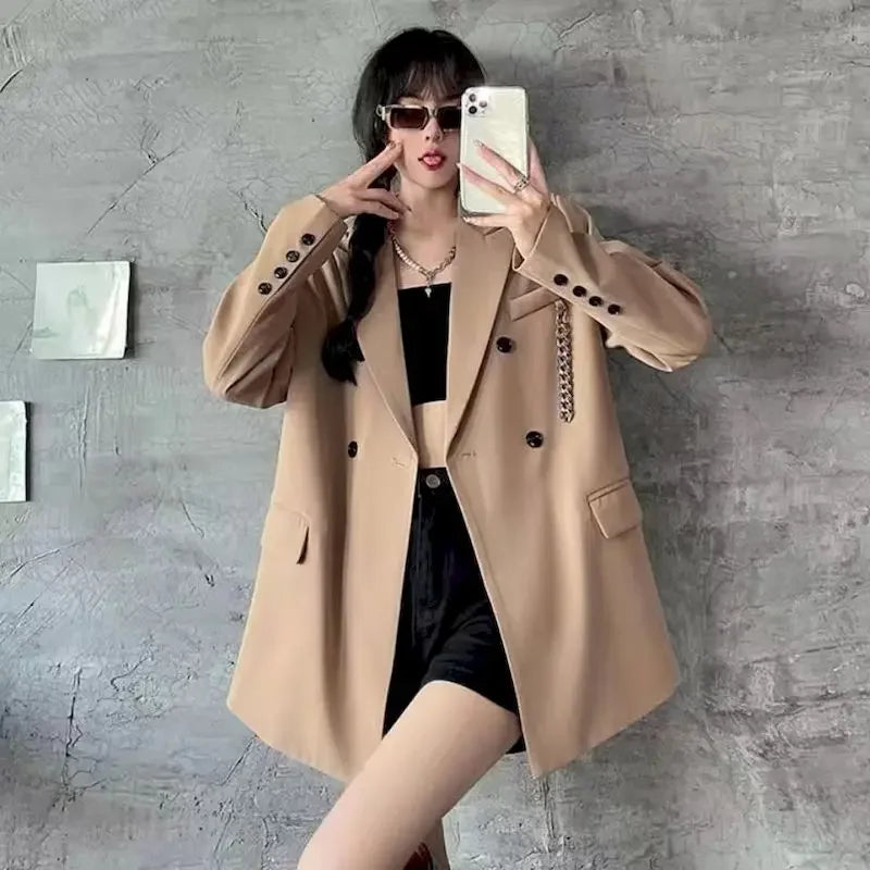 Blazer Jacket Women New High Street Elegant Suit Coat Spring Autumn Oversize Neutral Tops Office Lady  Clothing