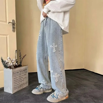 Cross Embroidery Y2k Jeans Mens Straight Denim Pants Casual Vintage Jeans Versatile Fashion Streetwear Spring High Street Pants