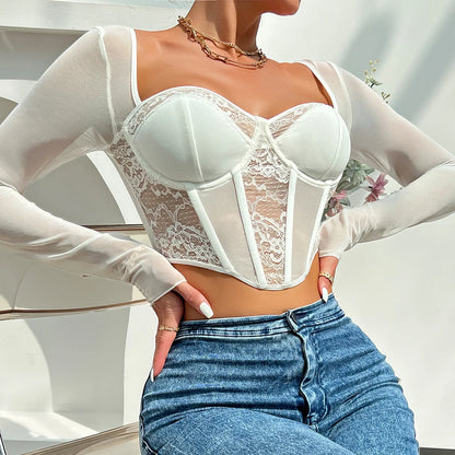 Chic V-Neck Mesh Crop Top – Elegant & Sexy