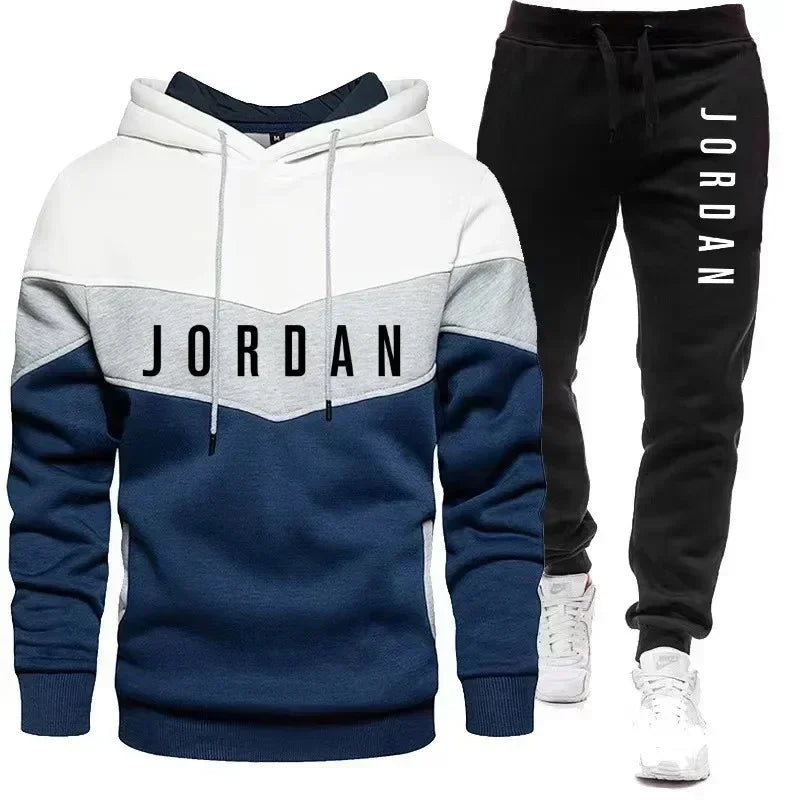 Men's spliced casual sweatshirt  pants two-piece outdoor training jogging men's hoodie sports suit