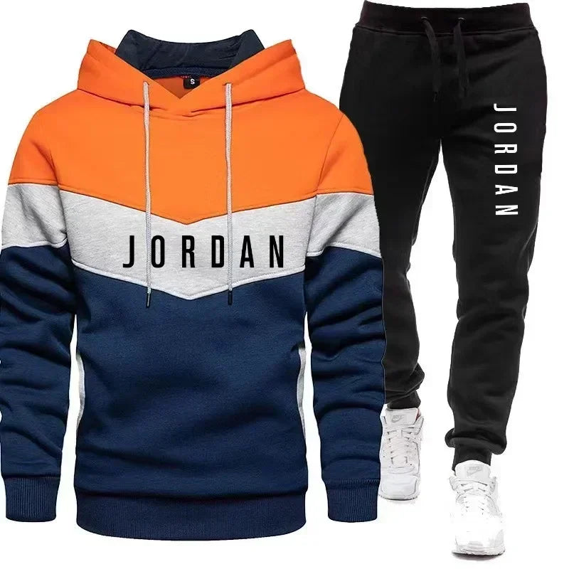 Men's spliced casual sweatshirt  pants two-piece outdoor training jogging men's hoodie sports suit