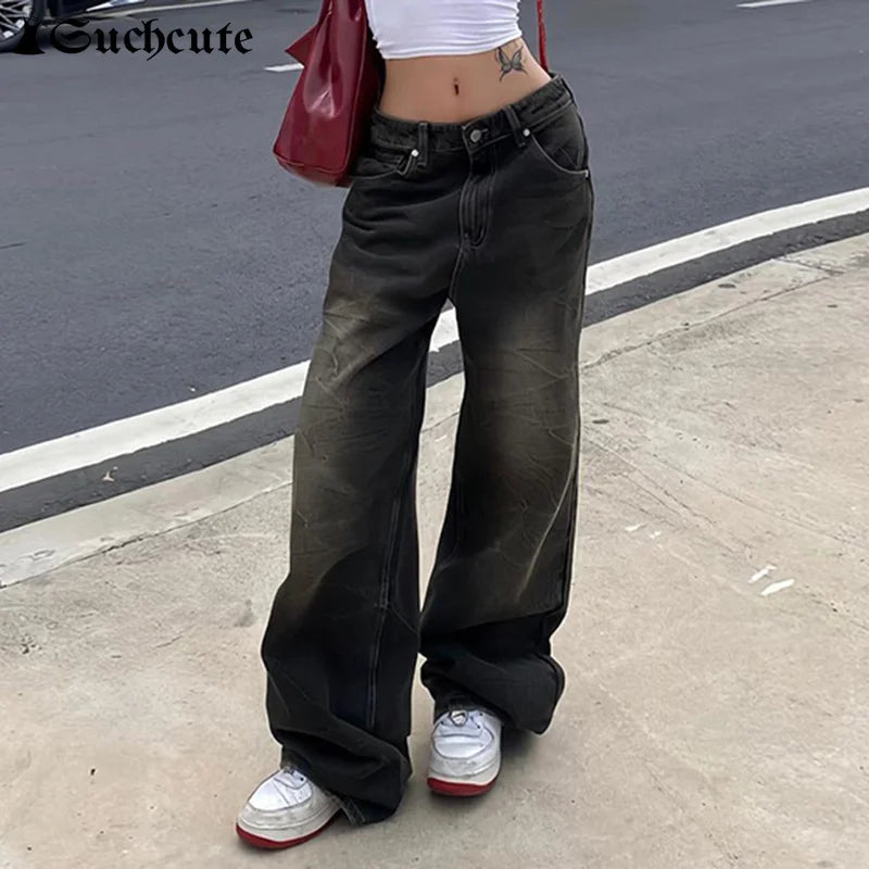 Women’s Low-Waist Wide-Leg Jeans – Y2K Punk Streetwear