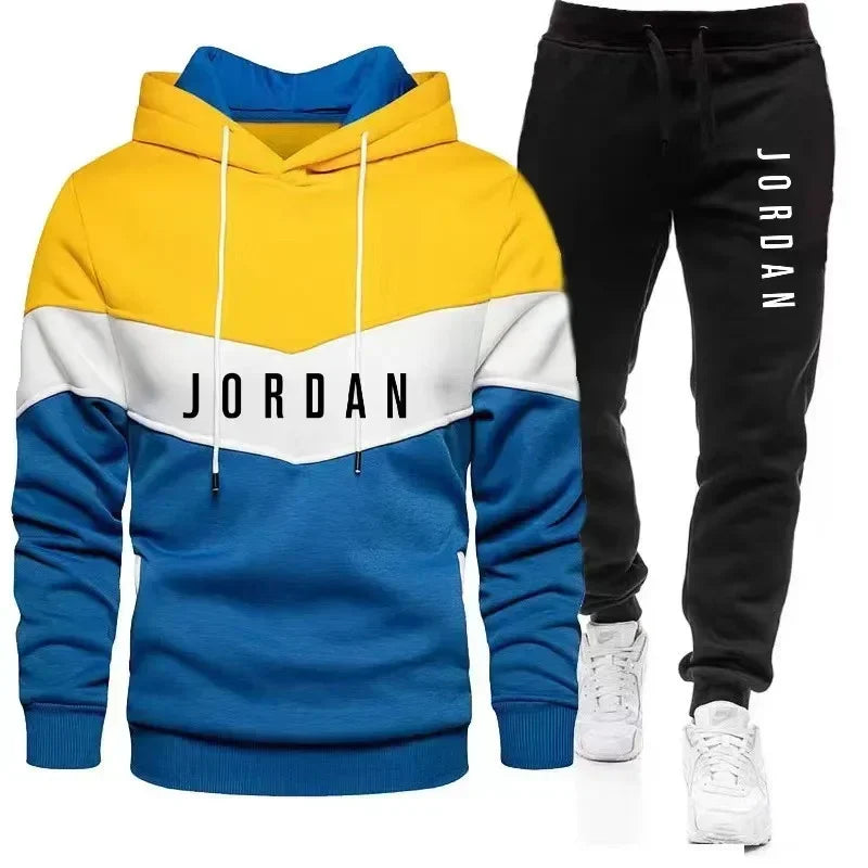 Men's spliced casual sweatshirt  pants two-piece outdoor training jogging men's hoodie sports suit