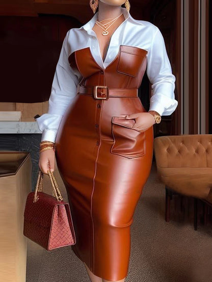 Collar Dresses New Autumn Buttons Long Sleeve PU Leather Patchwork Pocket Skinny Belted Lapel Female Midi Dress