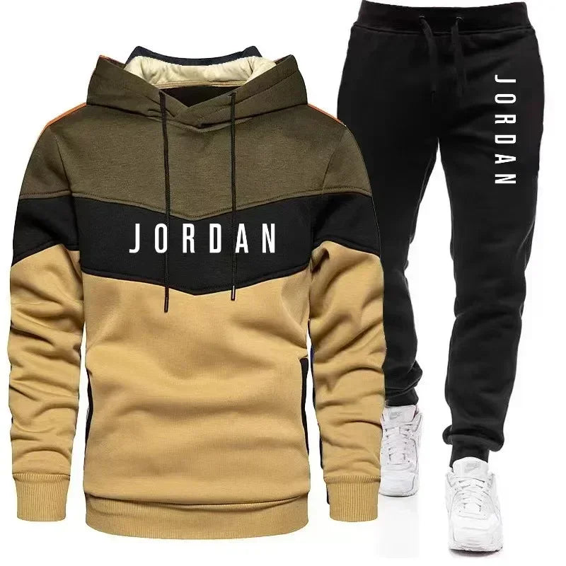 Men's spliced casual sweatshirt  pants two-piece outdoor training jogging men's hoodie sports suit