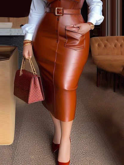 Collar Dresses New Autumn Buttons Long Sleeve PU Leather Patchwork Pocket Skinny Belted Lapel Female Midi Dress