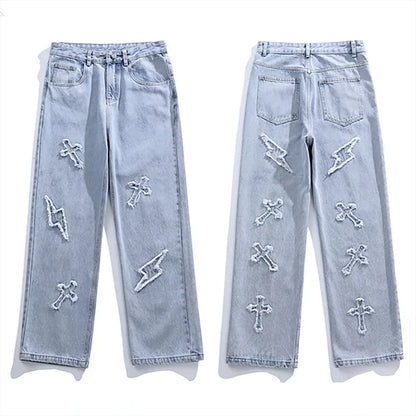 Cross Embroidery Y2k Jeans Mens Straight Denim Pants Casual Vintage Jeans Versatile Fashion Streetwear Spring High Street Pants