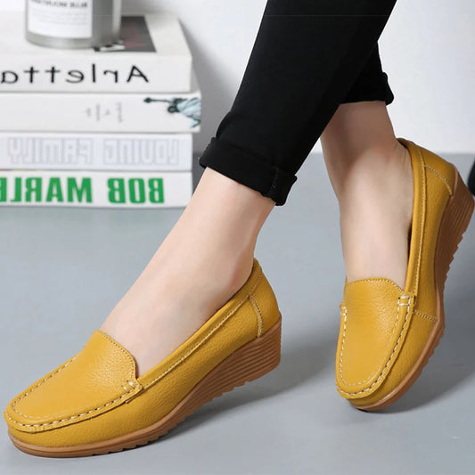 Women Shoes 2023 New Leather Flat Shoes Slip On Women Loafers With Wedge Heels Casual Flats Zapatos Mujeres Moccasins Female